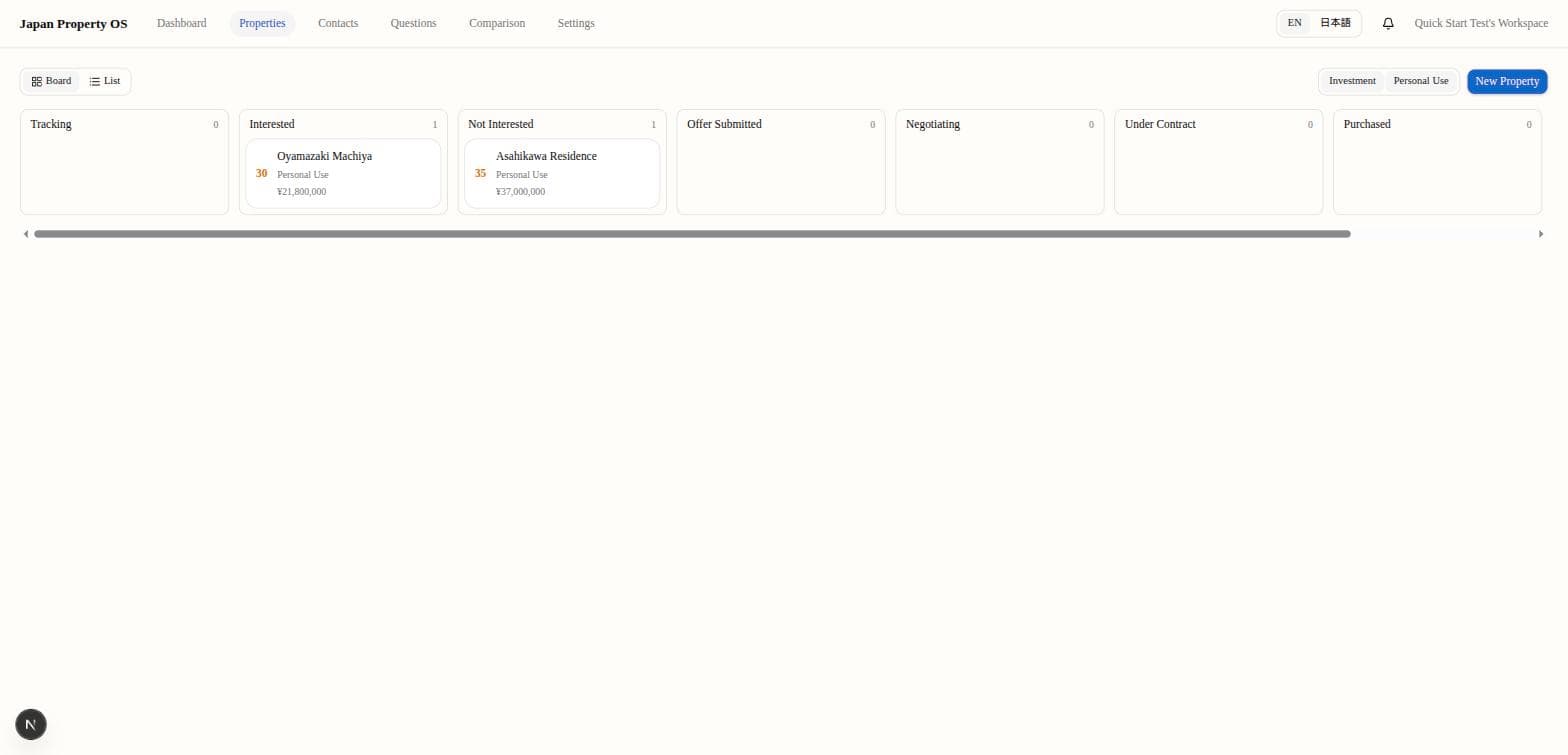 Kanban board showing properties tracked across stages